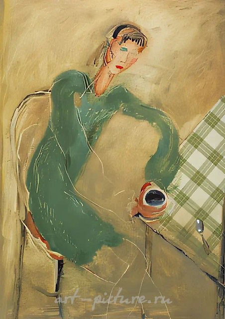 Молодая женщина с чашкой кофе, 1991, холст, масло, ассамбляж, 87х74