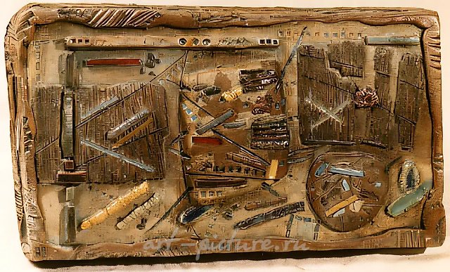 Эксперимент №3 (серия «Микромир»), 1987, шамот, цветные массы, 35х55х6. Собственность Алтайского краеведческого музея