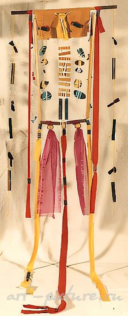 Without a title, 1989, cardboard, textile, wood, stone (ocher), 155x45 Author`s property