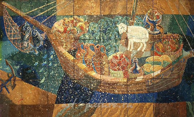 Времена года (фрагмент "Лето"), 1992, мозаика, прямой набор, 250х460 Находится в Российском детском центре "Орленок", Краснодарский край