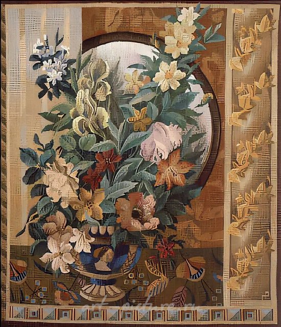 Натюрморт с круглым зеркалом, 1991, гобелен, ручное ткачество, 107х95 Частное собрание