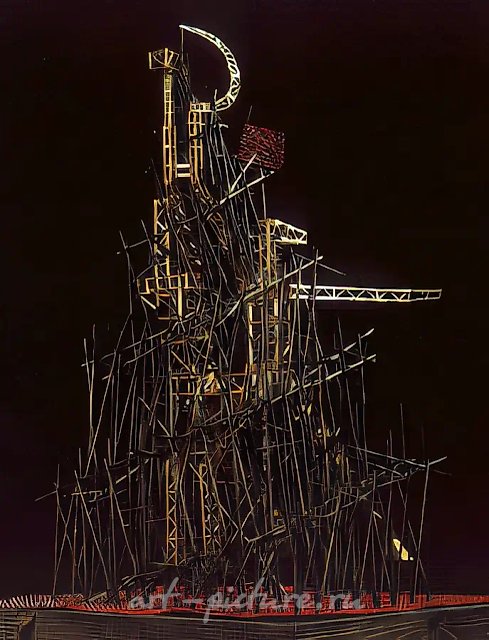 Башня Перестройка (рабочий и колхозница), 1990, скульптура внутри конструкции,   Каркас знаменитого советского монумента внутри Башни III интернационала. В соавторстве с Сергеем Подъемщиковым.