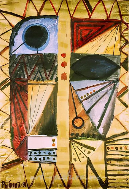 Голова, 1991, смешанная техника, холст, масло, воск, 90х100 Собственность автора
