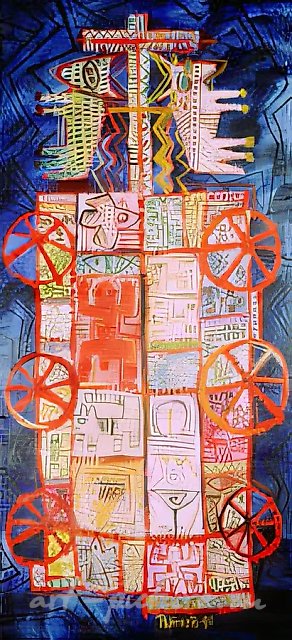 Кочующий мир - 1, 1991, смешанная техника, холст, масло, воск, 90х180 Собственность автора