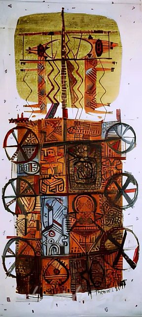 Кочующий мир - 2, 1991, смешанная техника, холст, масло, воск, 90х180 Собственность автора