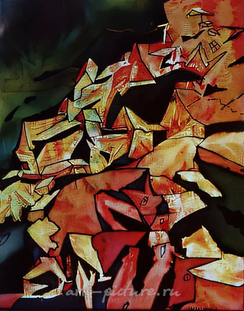 Деревня, 1991, батик, 50х45. Собственность автора