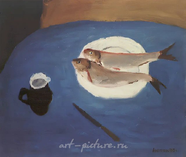 Рыбы на белом блюде, 1990, оргалит, масло, 70х60 Собственность автора