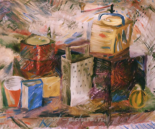 Коробка, тёрка, кофемолка, 1990, холст, масло, 50х60. Собственность галереи «Stanbet»