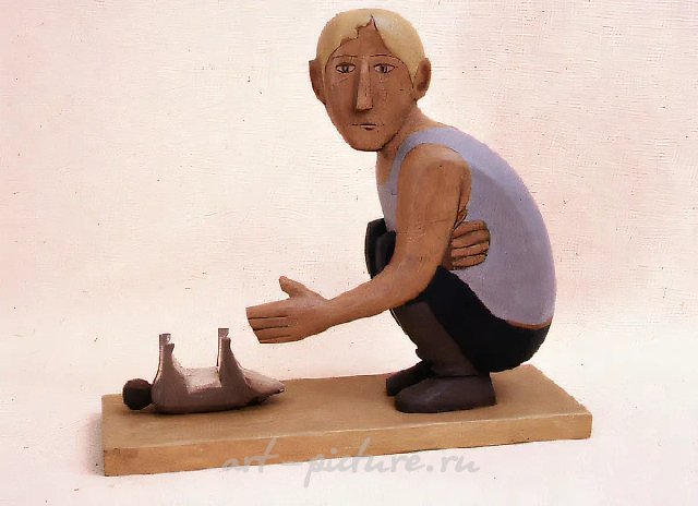 Мужчина с собакой, 1994, тонированное дерево, высота 20