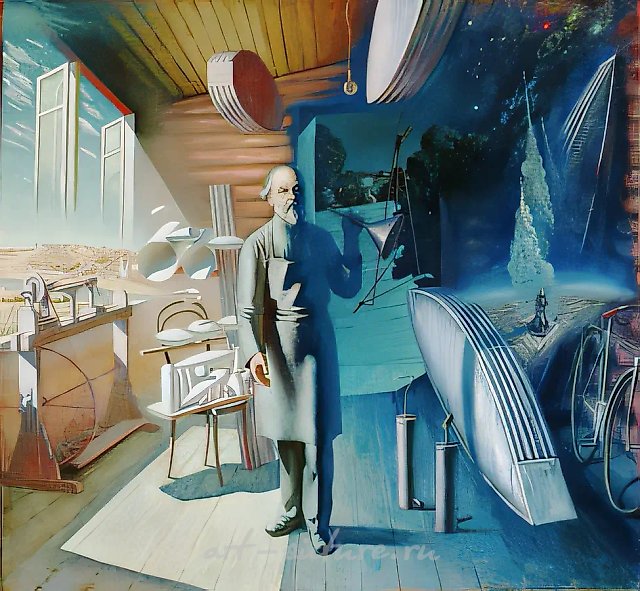 Э.К. Циолковский, 1985, холст, масло, 190х200 Частное собрание. Франция.