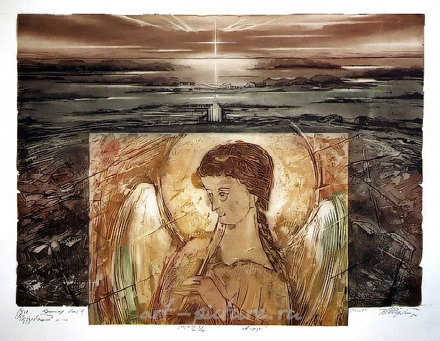 吹号的天使。《俄罗斯》三联画中央部分，1994年，纸本，彩色蚀刻版画，45×60厘米。作者藏。