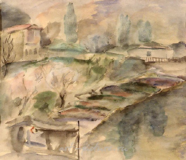 古尔祖夫。海湾里的小船，1990年，纸本水彩，45×40厘米