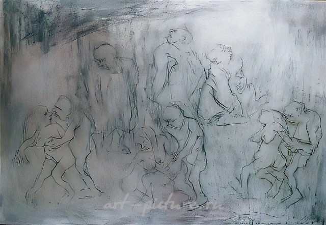 Многофигурная композиция, 1994, бумага, уголь, пастель, 70х100 Собственность автора