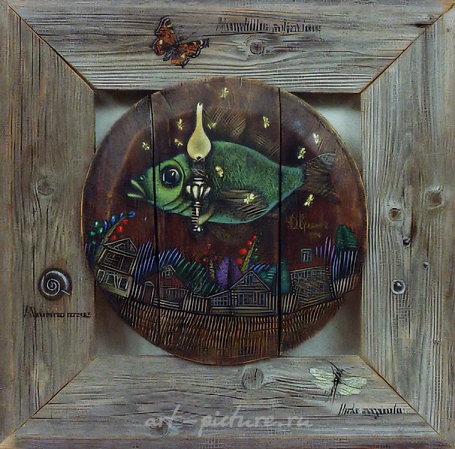 Птички-рыбки, 1994, дерево, масло, 45х45. Собственность автора