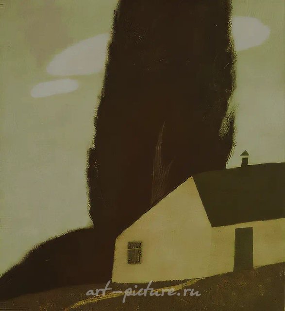 白杨树下的房子，1993年，彩色铜版蚀刻，35×31.5厘米。作者藏。