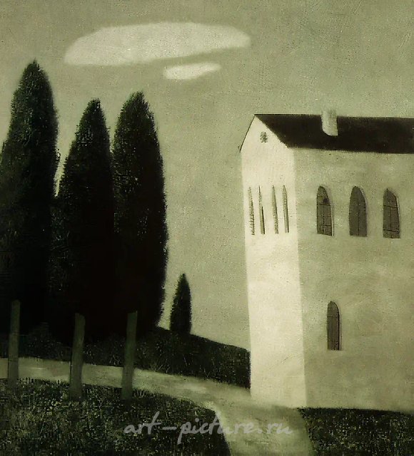 郊外的柏树，1993年，彩色铜版蚀刻，35x32厘米。作者自藏。