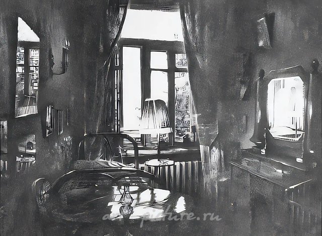 Прошлый интерьер, 1989, бумага, тушь, перо, 63х48 Музейное собрание. Южная Корея.