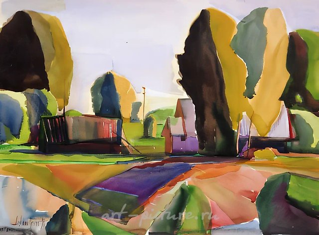 Дом под березами., 1996, бумага, акварель, 35х47 Собственность автора