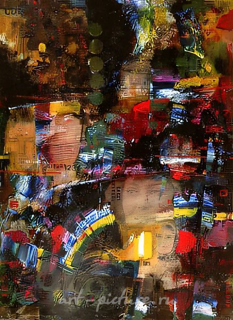 Ночная прогулка, 1991, бумага, деколлаж, масло, 48х36. Собственность автора