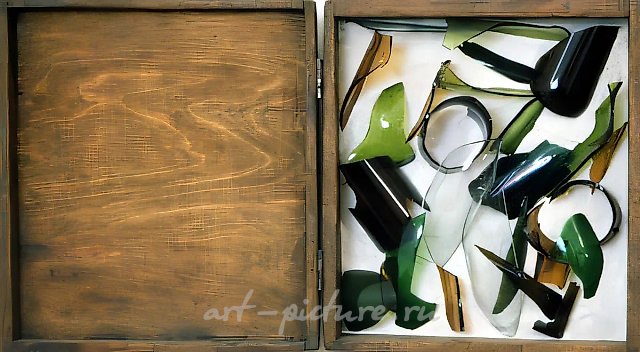 Casket 2, 1995, oil, wood, glass, mixed technique, 40x35x12.5 cm. Author`s property
