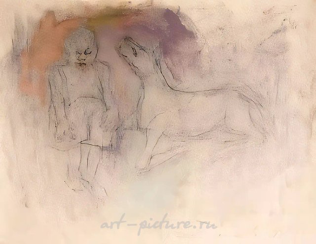 Мальчик и лошадь, 1994, Тонированная бумага, пастель, уголь, 44,9х57 см Собственность автора