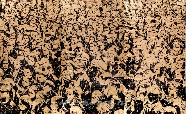 Братья и Сестры, 2008, Сусальное золото, черная типографская краска, ручная печать, холст, 270х450