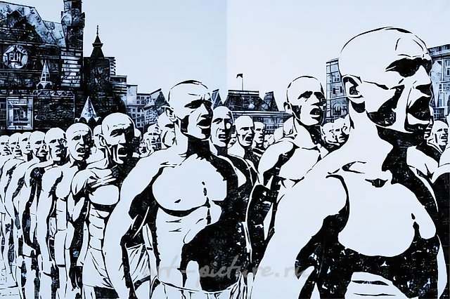 Правый марш I, 2007, Сусальное золото, ручная печать на холсте, 220 x 397