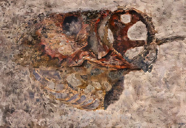 Голова рыбы, 1960, Холст, масло, крупа, клей БФ-2, 93х132 см Коллекция Е.Нутовича, Москва