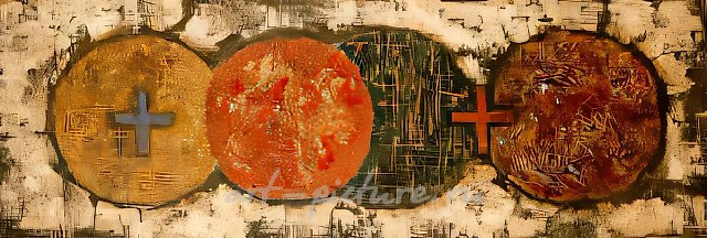 Четыре диска с крестами, 1961, Дерево, масло, 150х50 см Собственность автора