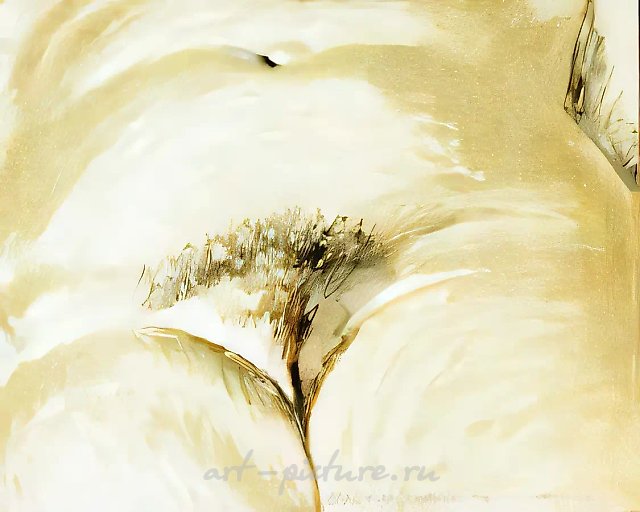 В саду. Триптих, 2-я часть, 1990, Холст, масло, фломастеры, марля, 100х120 см Собственность автора