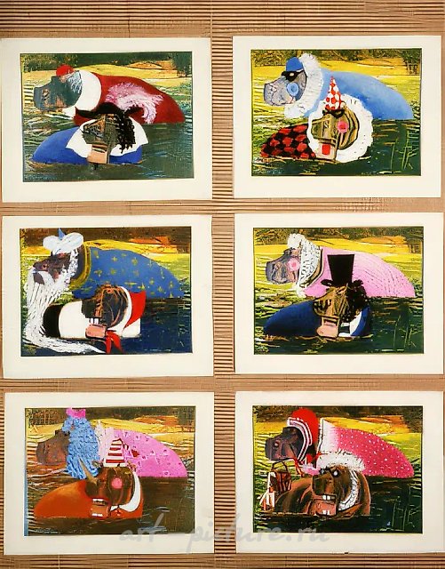 Новогодние костюмы для бегемотов, 1983, гуашь на бумаге, 30x40 (6 частей). Собственность автора