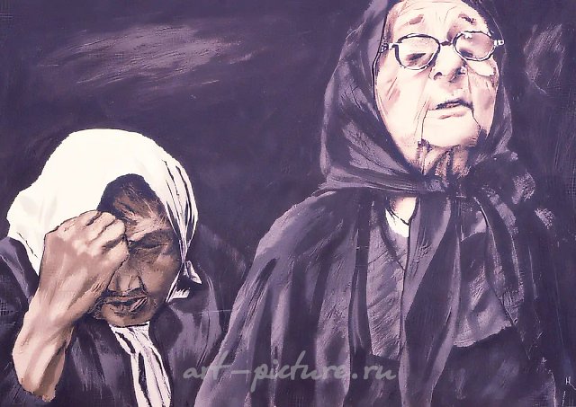Two Old Women in Church, 1990, Acrylic on cardboard, 70x120 cm Author’s property