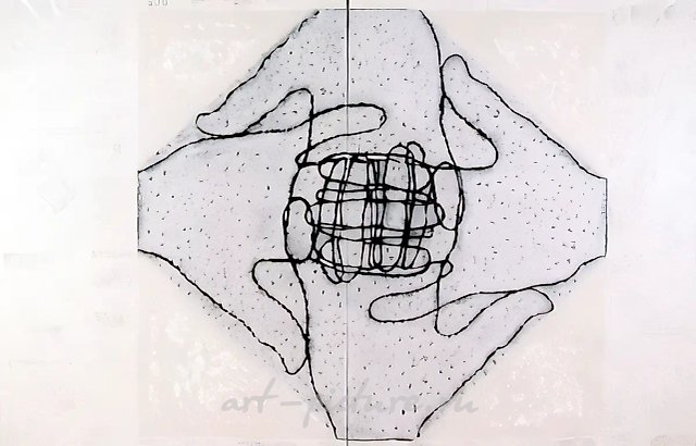 Руки четырех сторон света (работа А.Жигалова), 1989, Холст, масло, 200х150 см, 200х150 см Собственность автора