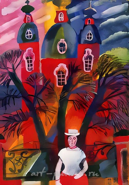 Красная церковь, 1993, ткань, гуашь, 40х29