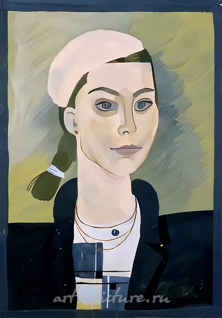 Девушка в белом берете. Настя, 1985, картон, гуашь, 25х18 Собственность автора