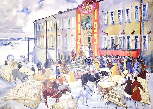 Красный караван в Ижевске, 1931, масло на холсте, 210x305