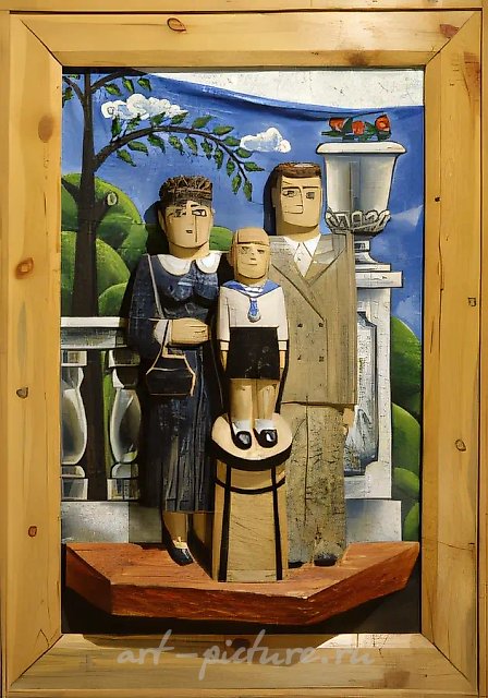 Старая фотография, 1991, раскрашенное дерево, 109x70