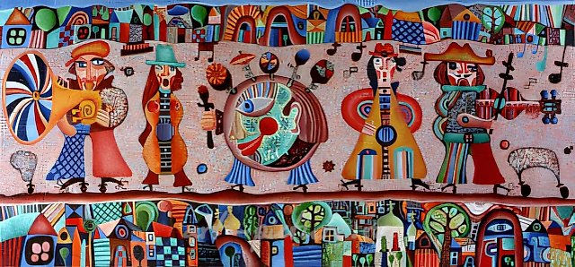Музыканты. Марку Шагалу. Из серии «Подарки», 1993, холст, масло, 65x144