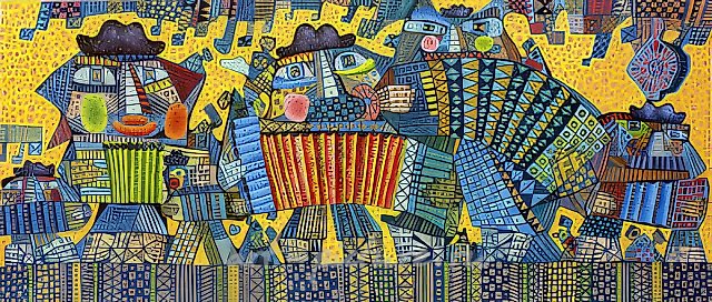 Баянисты, 1992, холст, масло, 32x70. Частная коллекция
