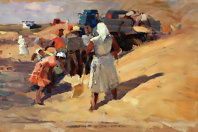 На току, 1957, холст, масло, 32х46