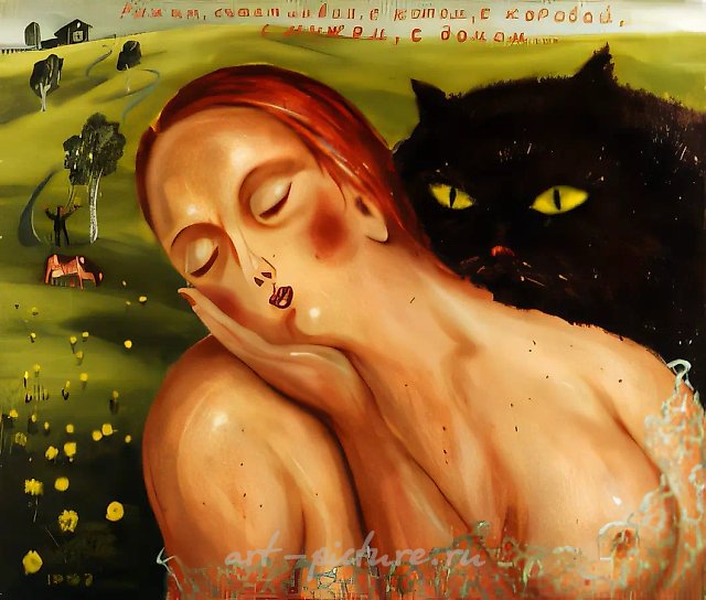 Рада, счастлива, с кошкой, коровой, домом и мужем..., 1993, масло на холсте, 60x70. Собственность автора. Не продаётся
