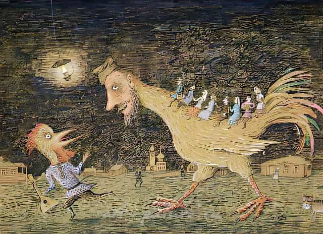 Петухи, 1993, смешанная техника, бумага, 140x190x30 см. Собственность автора