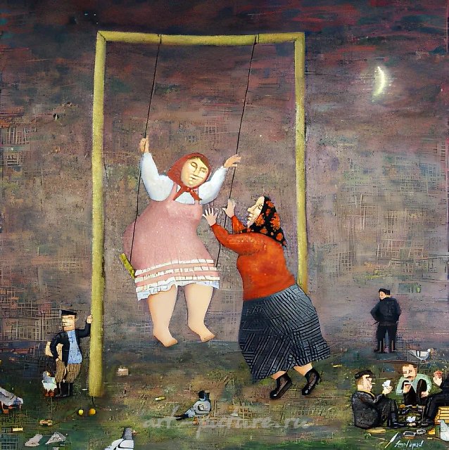Катя на качелях, 1994, масло на ДВП, 60x60 см. Собственность автора