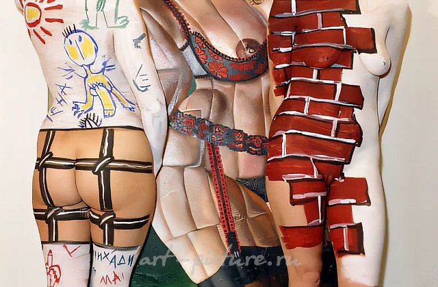 Three graces. Body-ART, 1990, foto, oil and gouache on canvas,