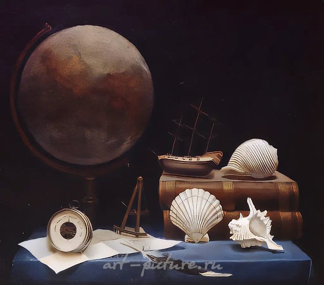 静物与地球仪，1992年，布面油画，60x70厘米。私人收藏，瓦尔德基希，德国