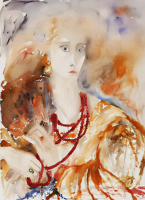 自画像。致敬罗塞蒂，1996年，纸本，水彩，65x48厘米。作者自藏。不出售。