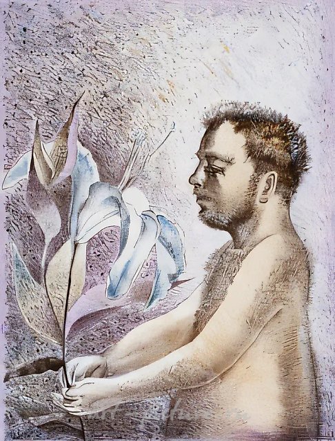 拿着花的男孩，1996年，石版画，50 x 37