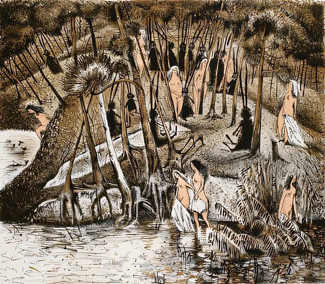 洗澡的女人与兔子，1997年，石版画，40 x 45