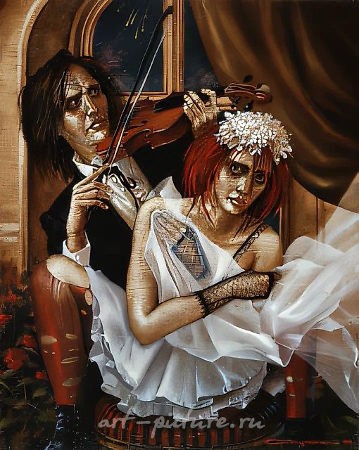 小提琴的颓废，1995年，布面油画，120×100厘米，私人收藏。伦敦。