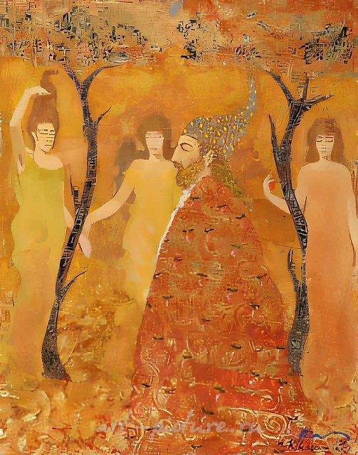 "Три девушки, три тонких линии...", 1997, бумага, гуашь, золотистая пленка, 50 х 35